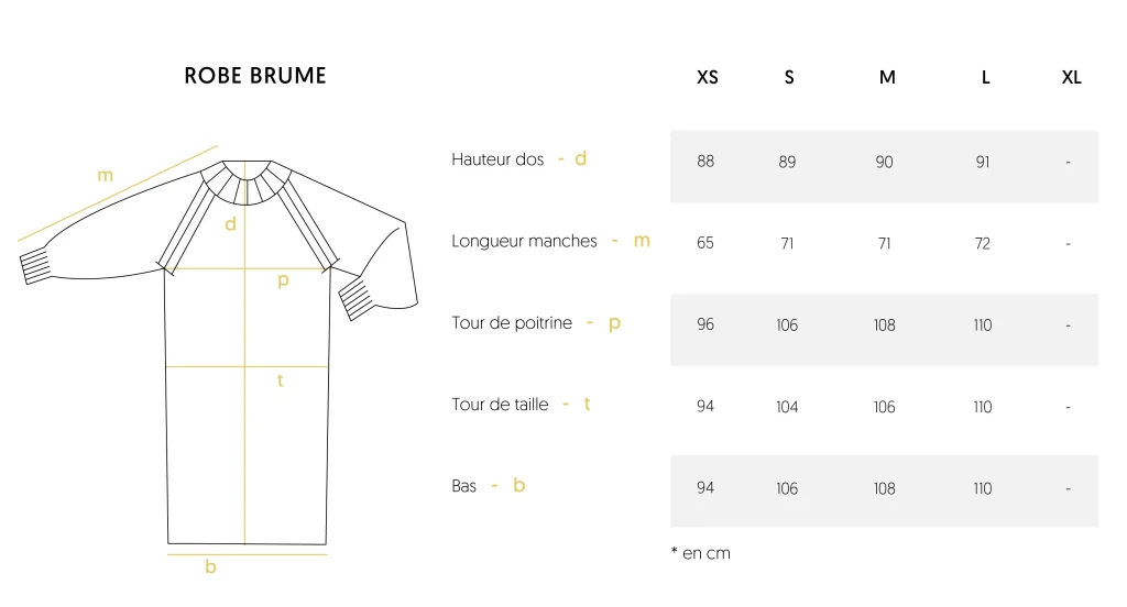 Guide des tailles robe Brume